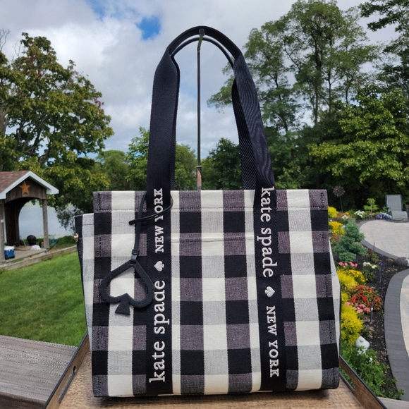 ♠️Kate Spade Gingham Large Canvas Tote Black NWT - Picture 12 of 12